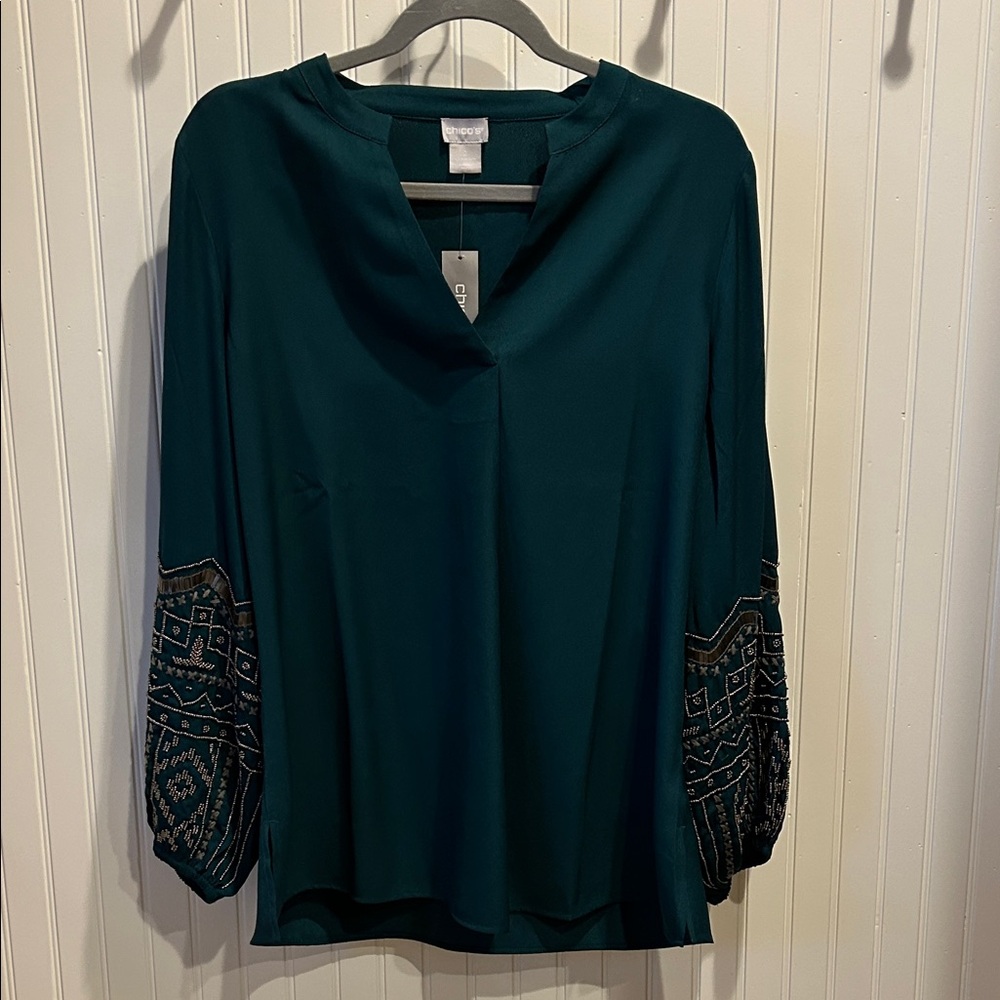 NWT Chico's Embellished Sleeve Blouse Jasper - Picture 2 of 6